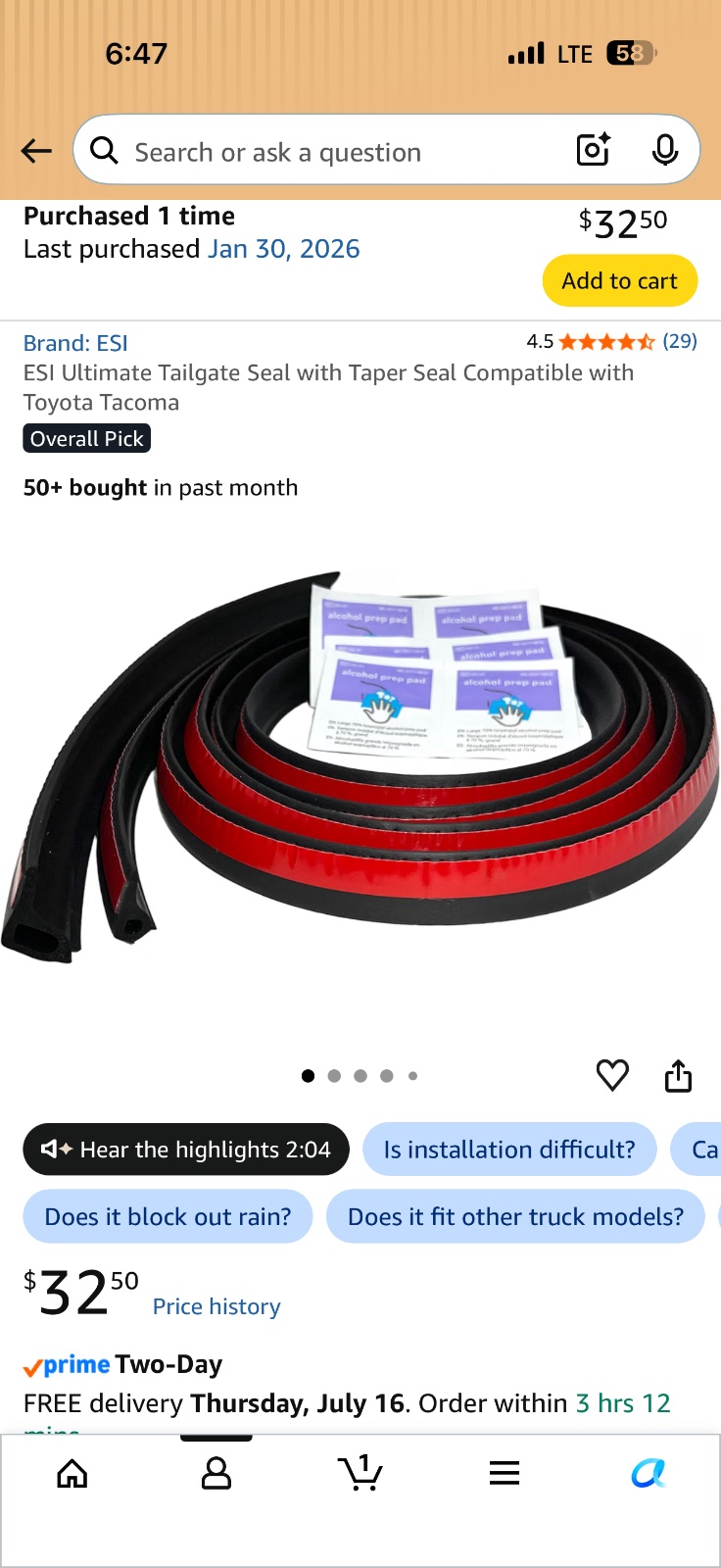 ESI Ultimate Tailgate Seal with Taper Seal for Toyota Tacoma, featuring black and red weatherstripping material with alcohol prep pads included