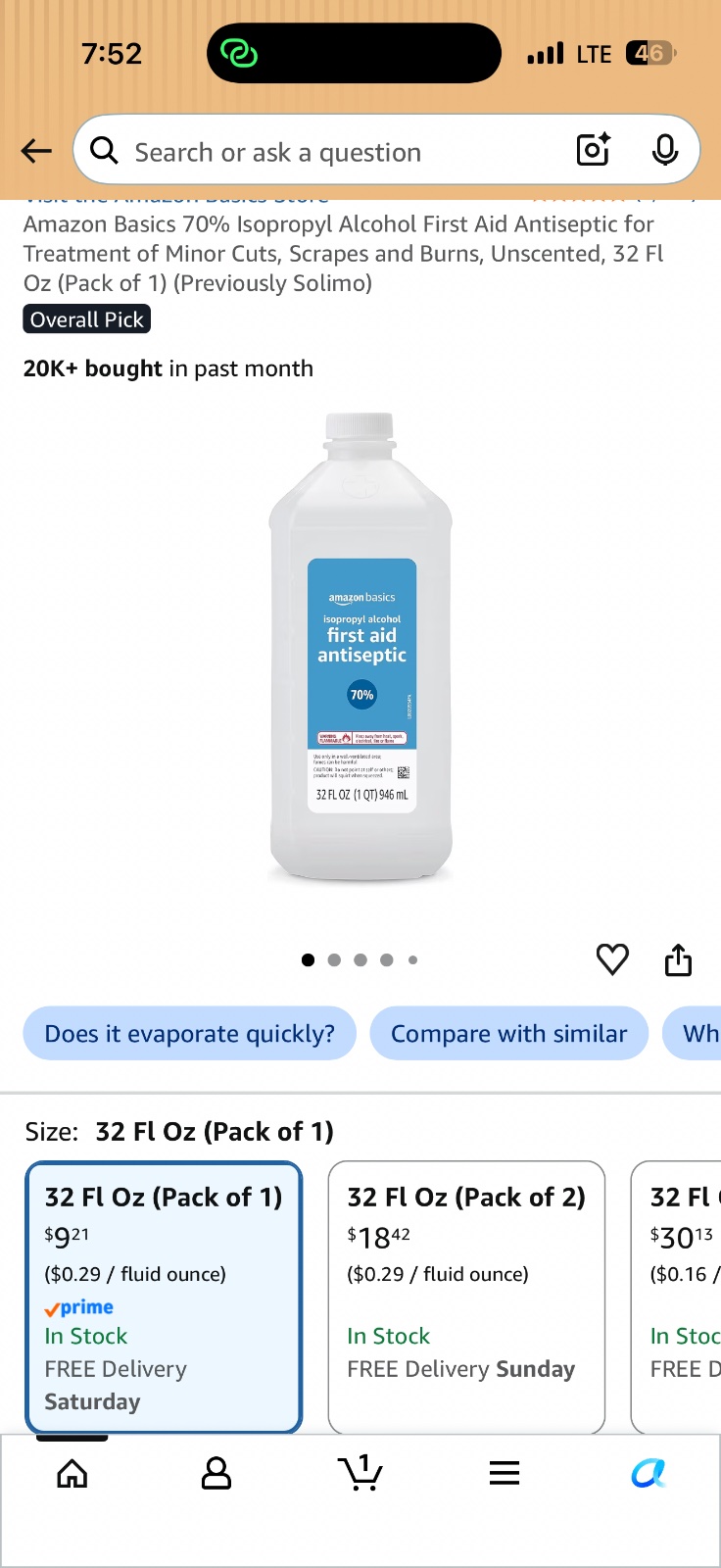 Amazon Basics 70% Isopropyl Alcohol First Aid Antiseptic 32 Fl Oz bottle product listing with price options and Prime delivery details