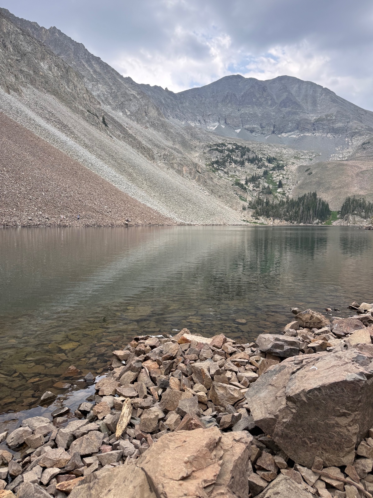 Rocky shoreline of an alpine lake surrounded by barren mountains with coniferous forest in the valley under partly cloudy skies