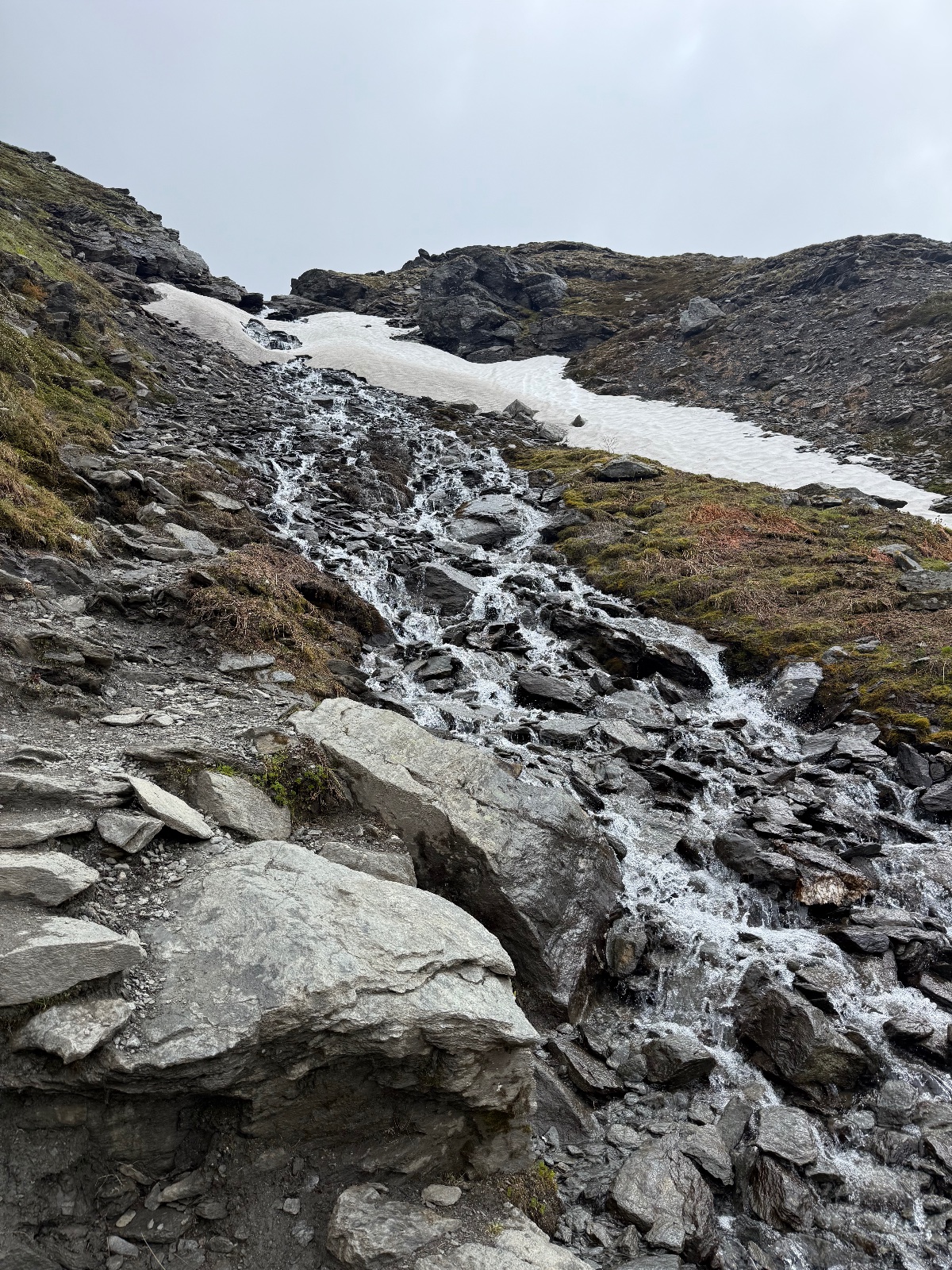 Alpine stream cascading over rocky terrain with lingering snow patches and moss-covered mountainside in overcast conditions