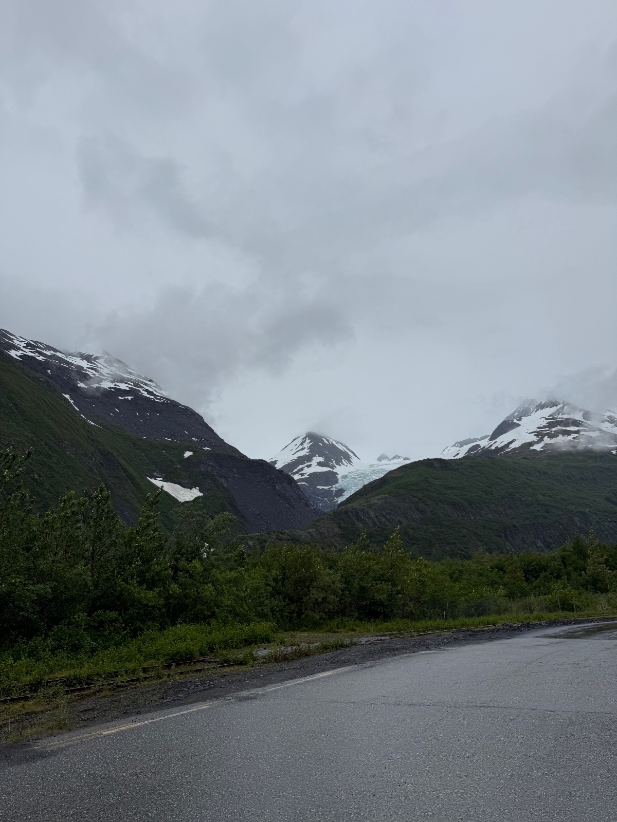 Snow-capped mountain peaks with glacier visible above dense green forest and paved road in Alaska's coastal valley under overcast sky