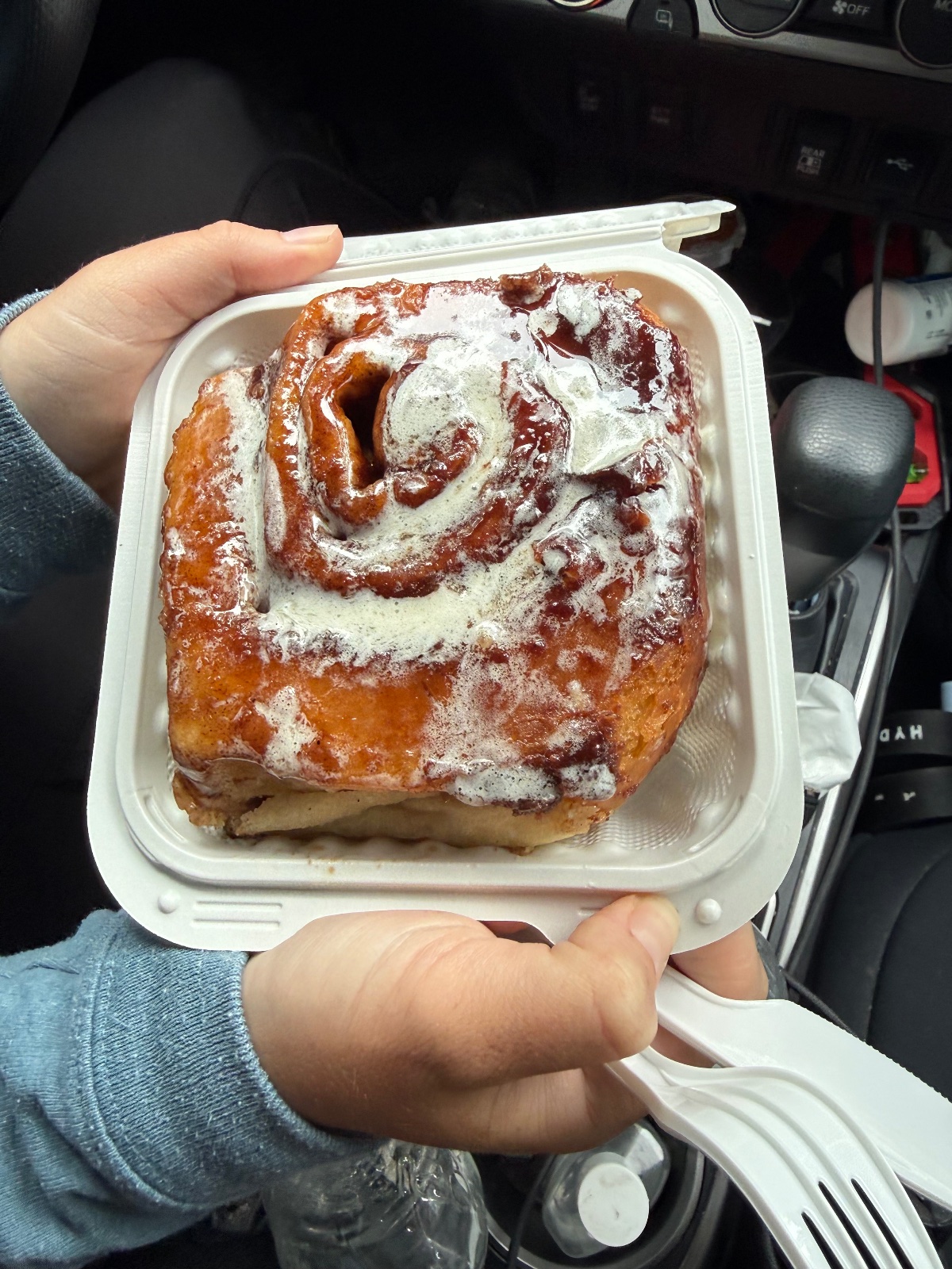 Cinnamon roll with powdered sugar topping held in a white container inside a vehicle