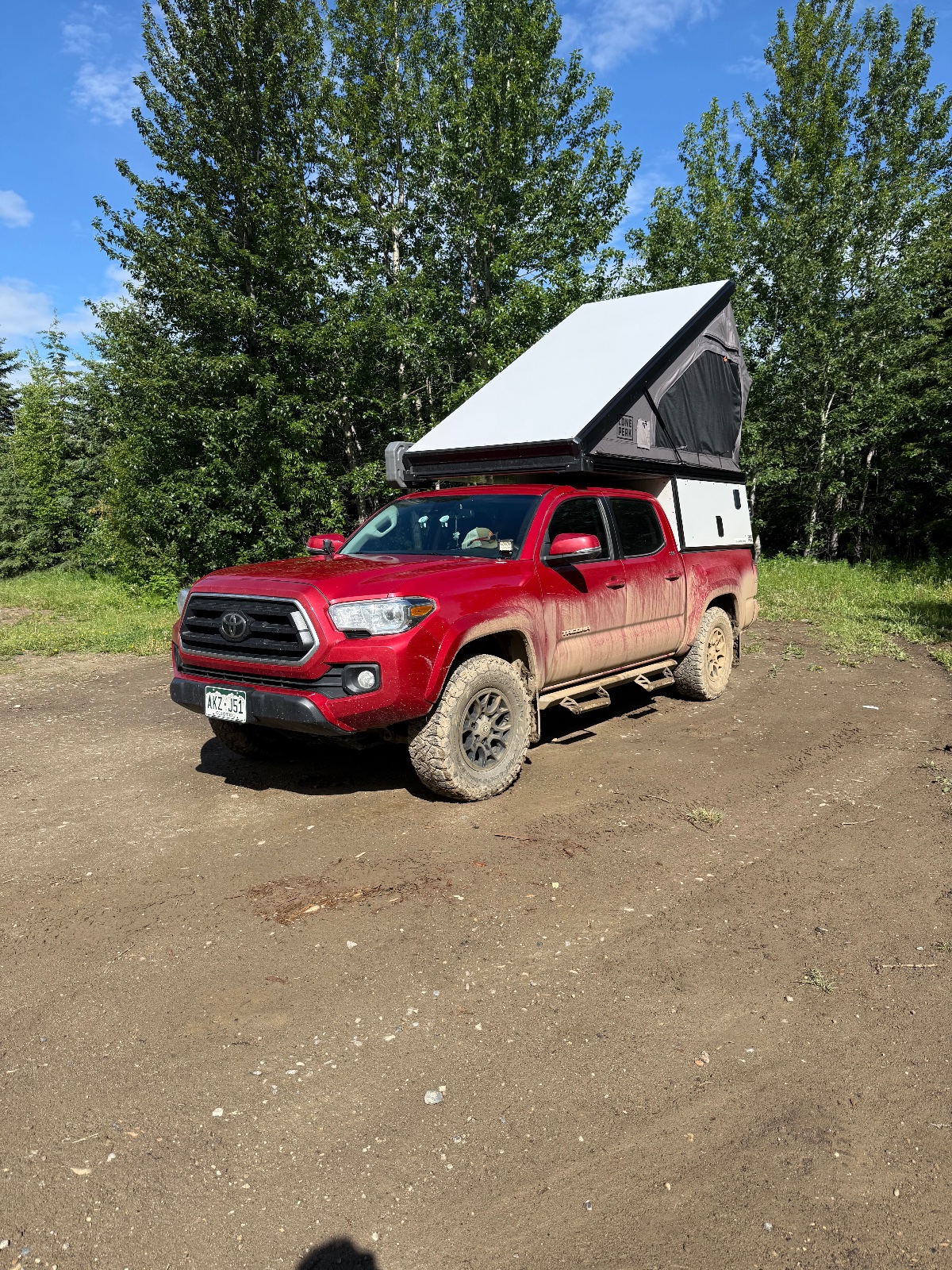Red Toyota Tacoma double cab with roof-mounted pop-up camper on dirt road surrounded by birch trees under blue sky