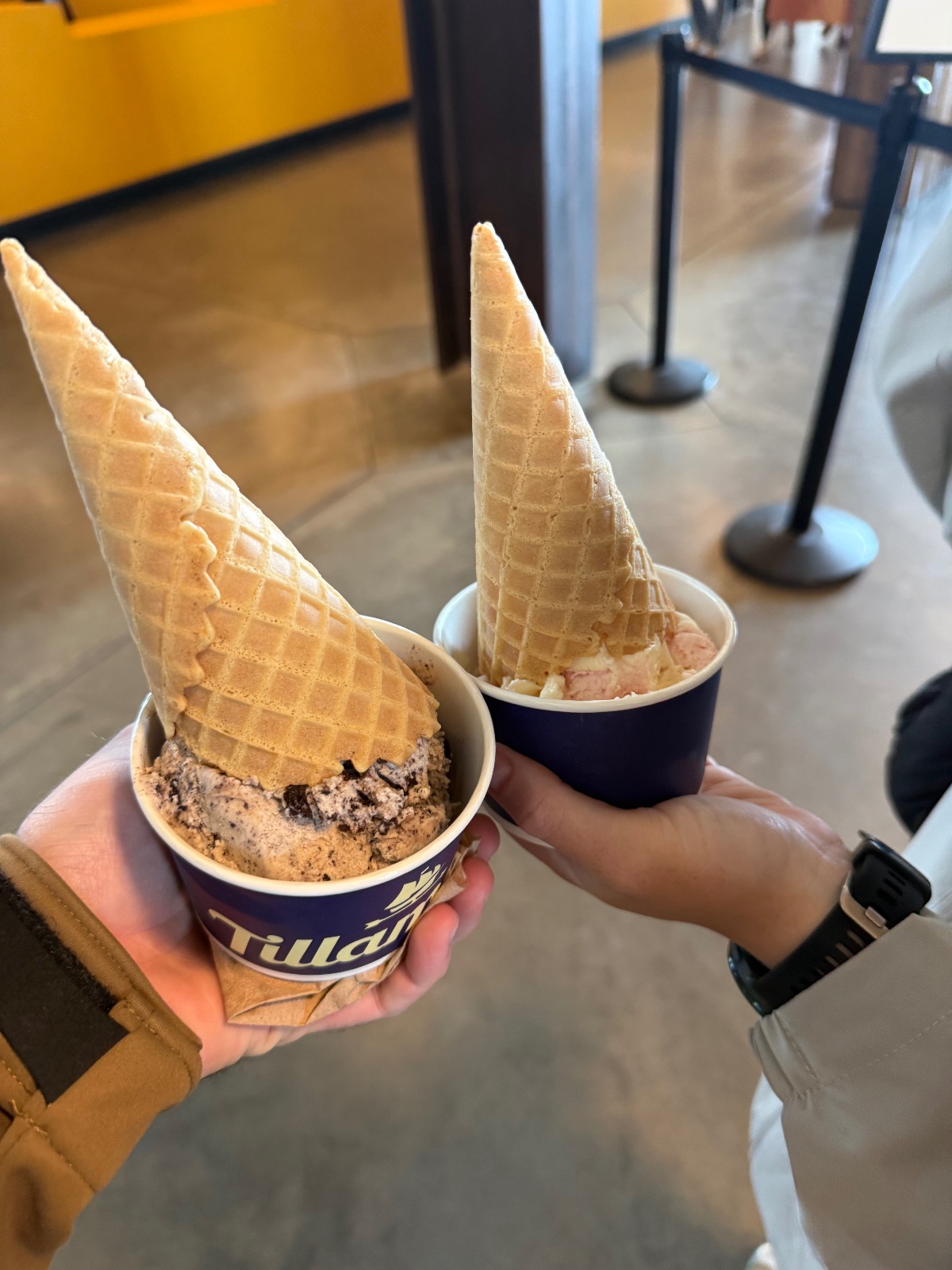 Two ice cream cones with chocolate and strawberry flavors in paper cups at an indoor ice cream shop