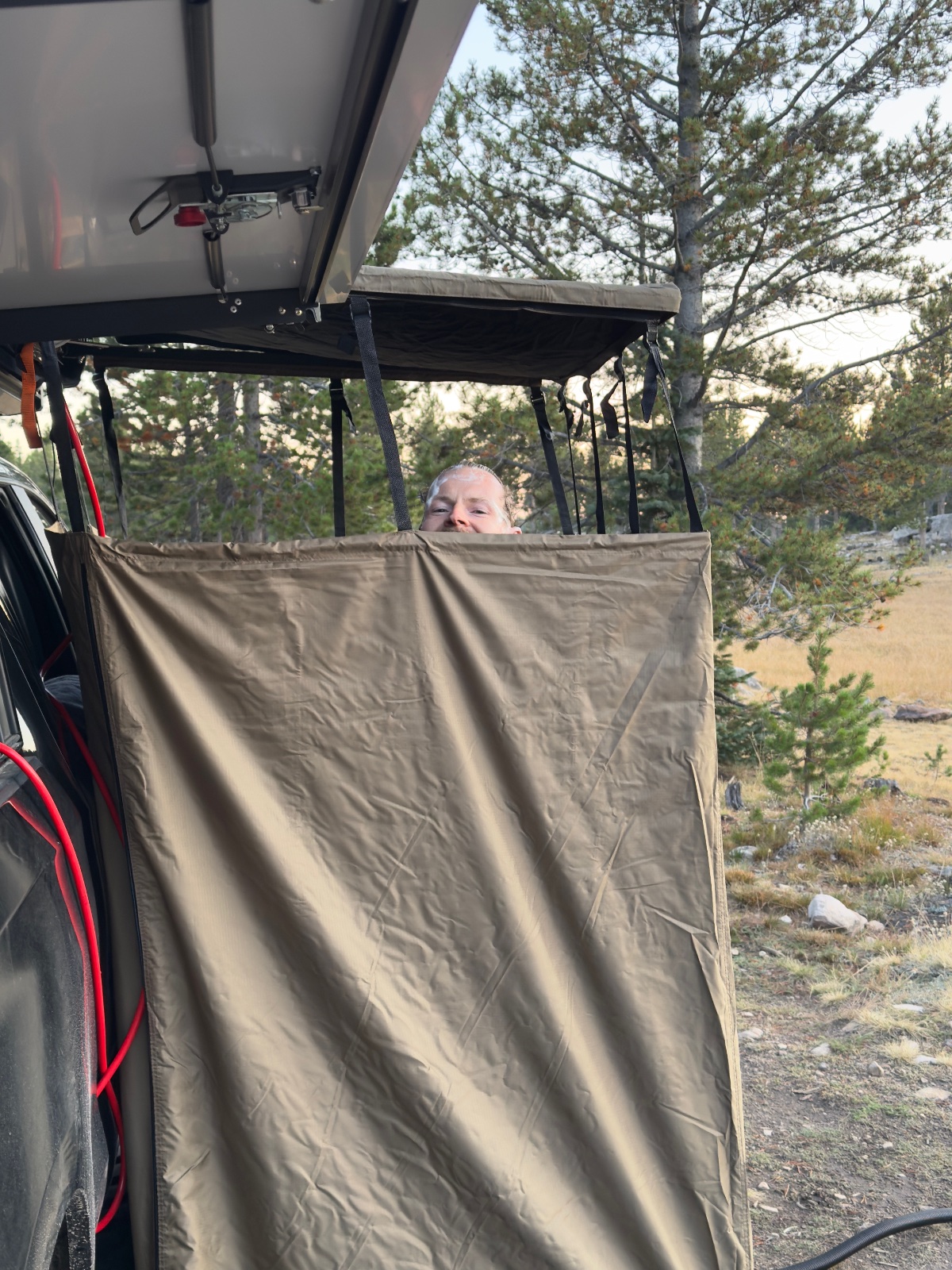 Person peering over a tan privacy curtain on an overlanding vehicle with pop-up canopy in a pine forest campsite