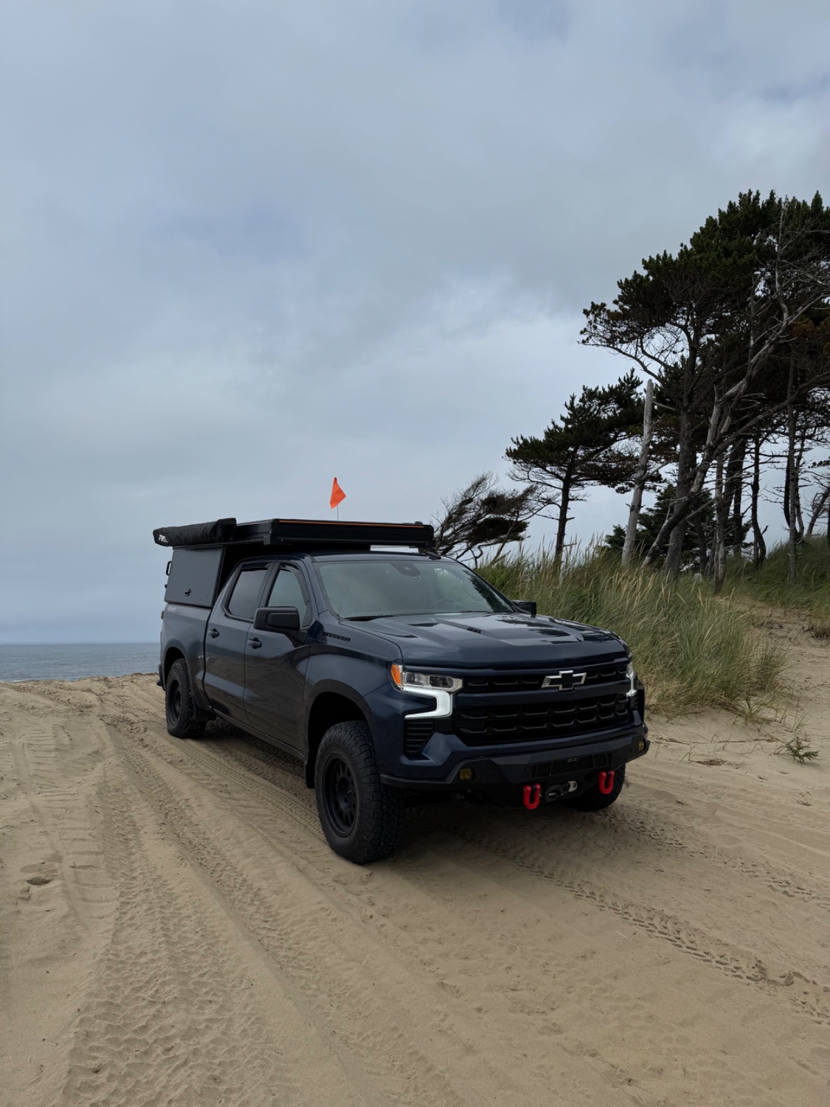 Black Chevrolet Silverado with roof rack and camper shell parked on sandy beach with ocean, dune grasses, and windswept pine trees under overcast sky