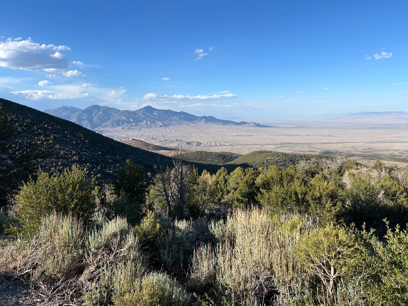 Mountain valley vista with sagebrush foreground, distant peaks, and high desert basin under blue sky with scattered clouds