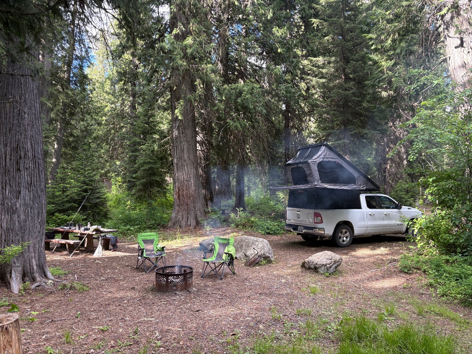 White pickup truck with black roof tent camping among tall redwood trees, surrounded by green camping chairs and fire pit in a forest campground setting