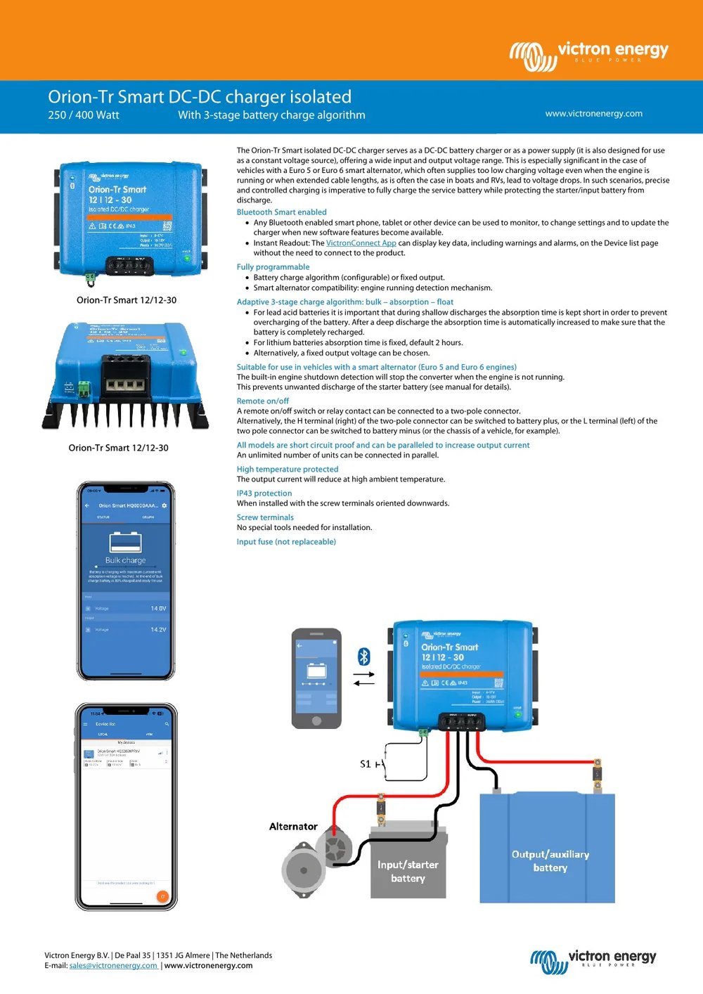 Victron Energy Orion-Tr Smart 12/12-30 isolated DC-DC charger product documentation showing device specs, smartphone app interface, and wiring diagram with alternator and battery connections