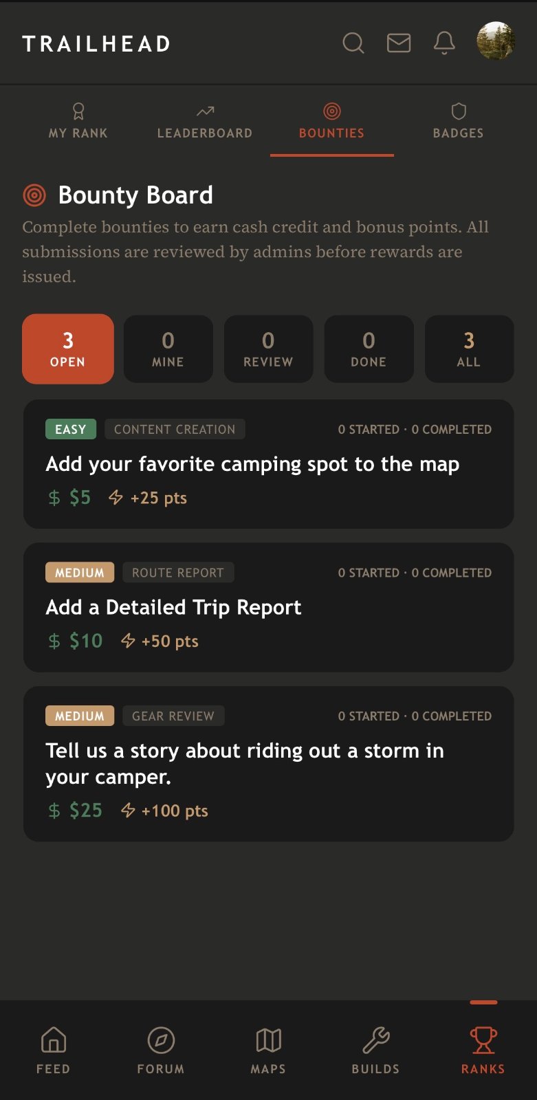 Trailhead app bounty board showing three available tasks: add a camping spot to the map for $5, submit a detailed trip report for <div id=