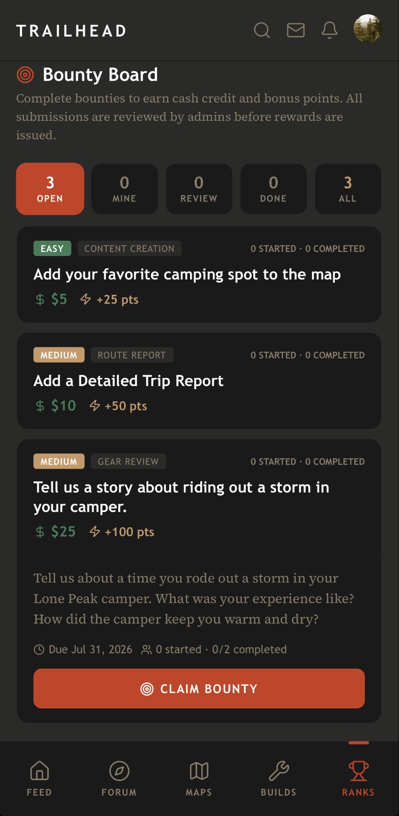 Trailhead app Bounty Board showing three open tasks: camping spot submission ($5), trip report (<div id=