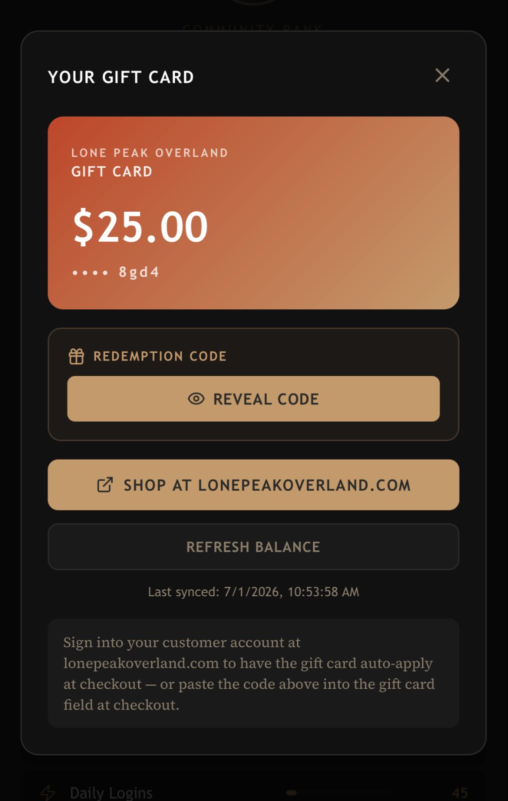 Lone Peak Overland gift card interface showing 
  <p style=