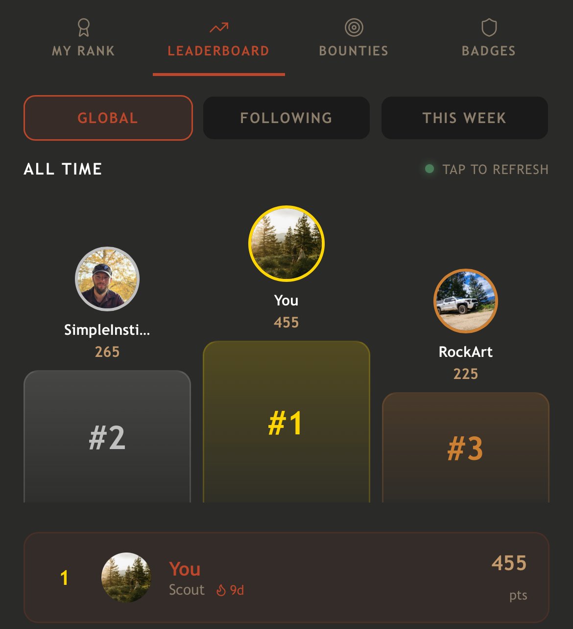 Leaderboard showing global rankings with user 'You' at #1 with 455 points, SimpleInsti at #2 with 265 points, and RockArt at #3 with 225 points in an outdoor overlanding community app