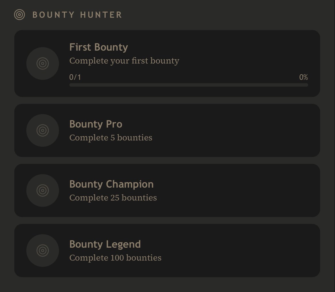 Bounty Hunter achievement progression screen showing four tiered badges: First Bounty (0/1), Bounty Pro (5 bounties), Bounty Champion (25 bounties), and Bounty Legend (100 bounties)