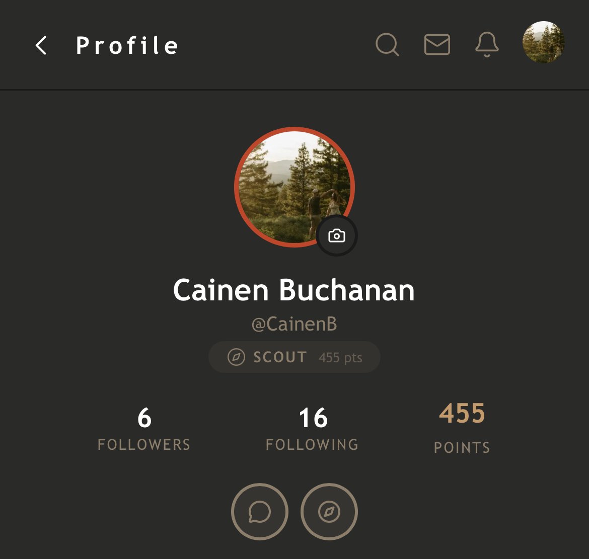 Cainen Buchanan's profile showing scout rank with 455 points, 6 followers, and 16 following on an outdoor community app