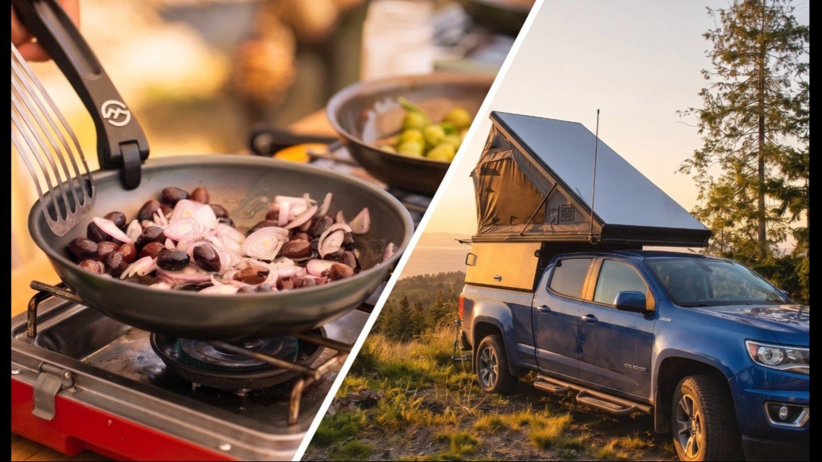 Split image: left shows cooking kidney beans and onions in a camp skillet over a portable stove; right displays a blue Chevrolet Colorado pickup truck with rooftop tent parked in a forest clearing …