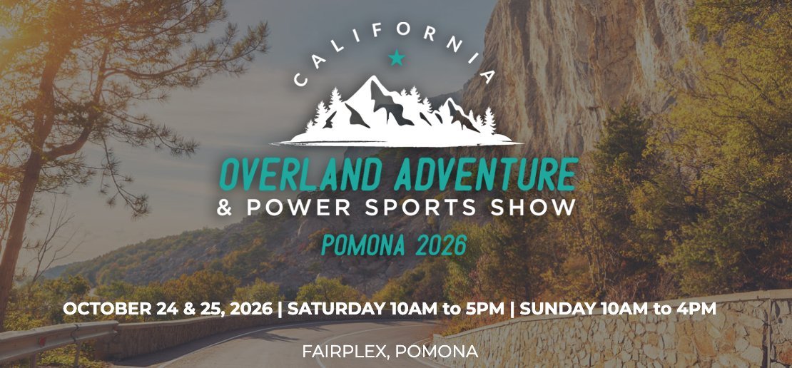 California Overland Adventure & Power Sports Show promotional poster for Pomona 2026, scheduled October 24-25 at Fairplex
