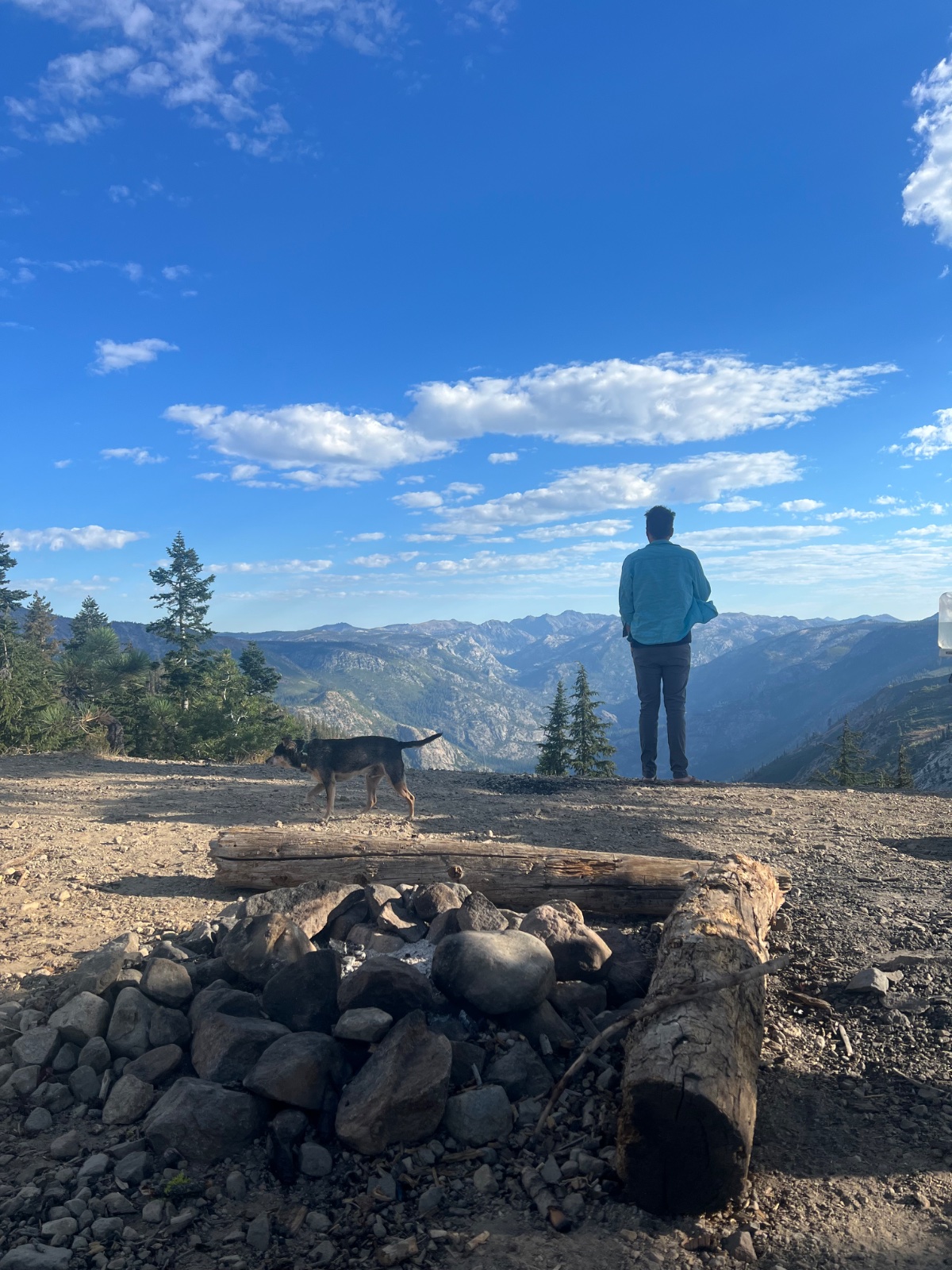 Person in blue jacket and dog standing at mountain overlook with fire ring in foreground, overlooking forested valley and distant peaks under clear sky