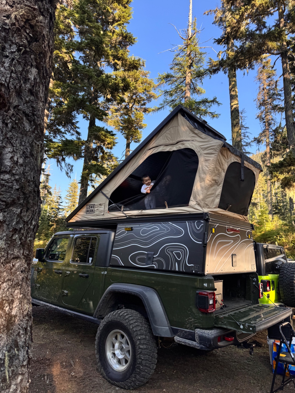 Green Jeep Wrangler with roof-top tent deployed in a forest of tall pine and larch trees on a clear day