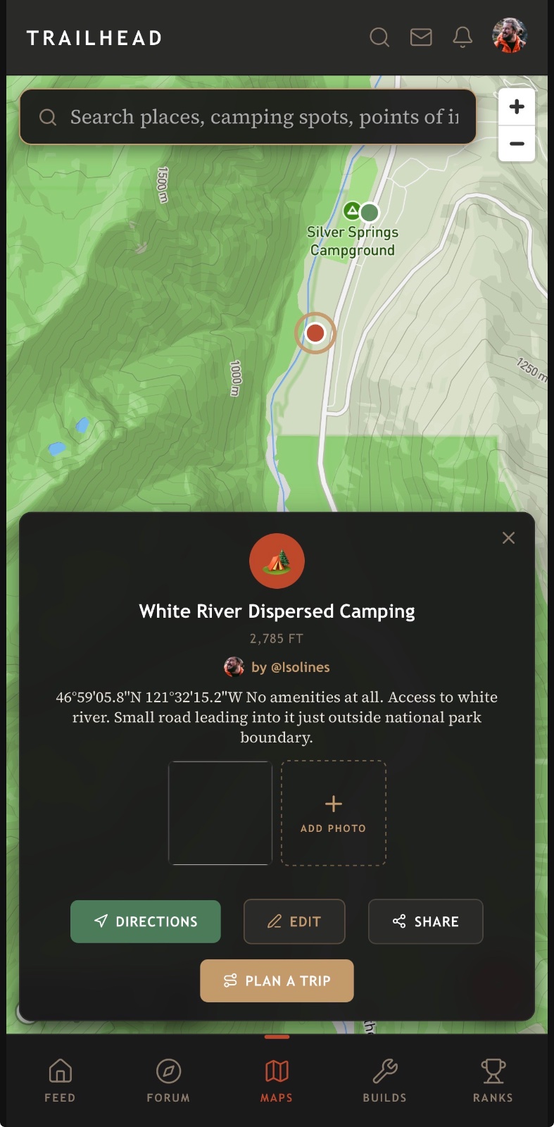 Trailhead app showing White River Dispersed Camping at 2,785 ft elevation with map marker, location coordinates, and user interface for directions and trip planning
