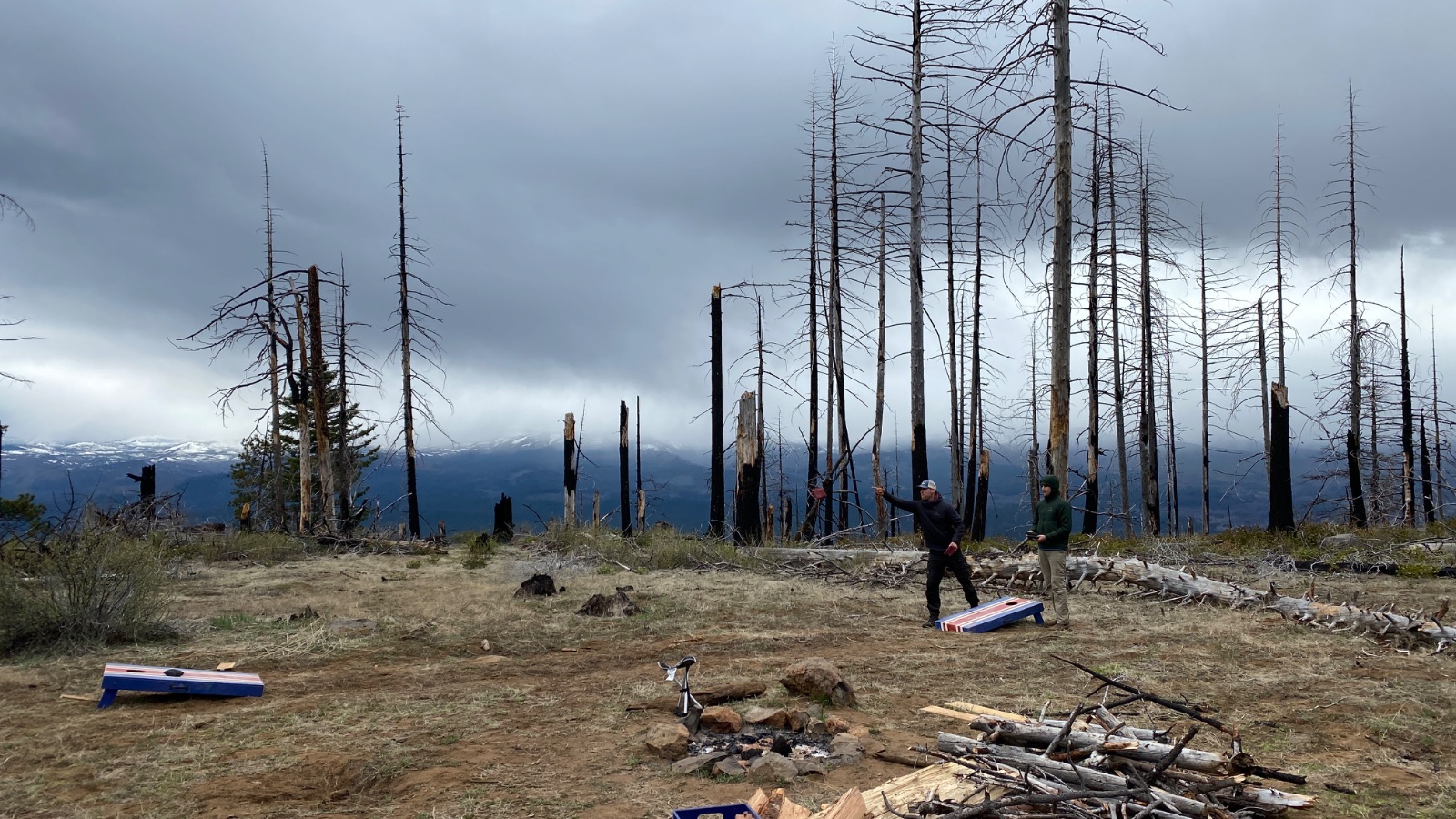 Camping scene in a burned forest with dead trees, mountainous landscape in background, people playing cornhole with blue boards, overcast sky, and snowy peaks visible in distance