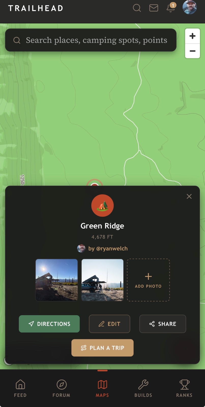 Green Ridge camping area at 4,678 feet elevation showing rustic structures and mountain vistas shared by @ryanwelch on Trailhead app